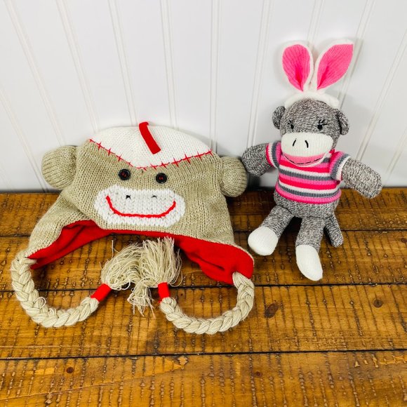 Lot of 2-Kids Sock Monkey Beanie/ Hat- Arizona & Small Sock Monkey Plush Dan Dee - Picture 2 of 15